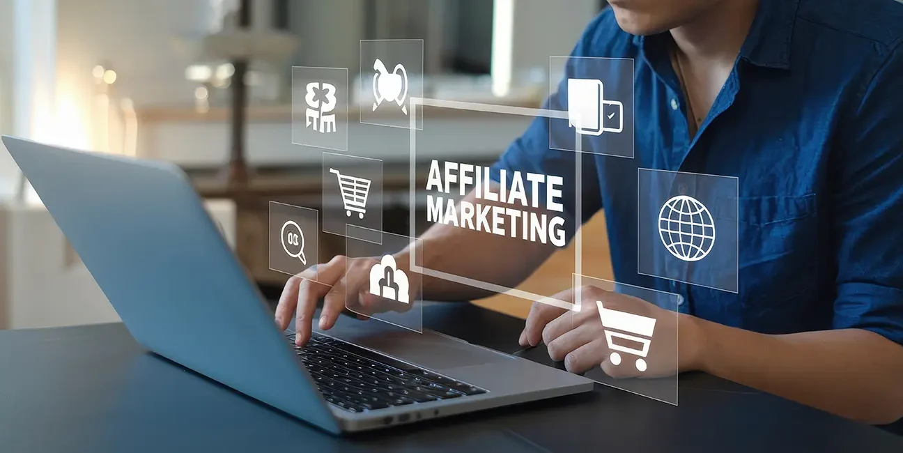 Tvůrce u počítače sleduje online produkty a e-shopové nabídky – koncept affiliate odkazů a online prodeje.