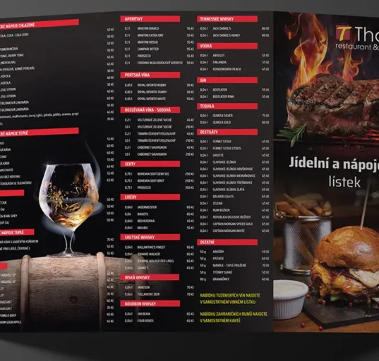 Design menu pro restauraci Thalie v Brně – moderní jídelní a nápojový lístek